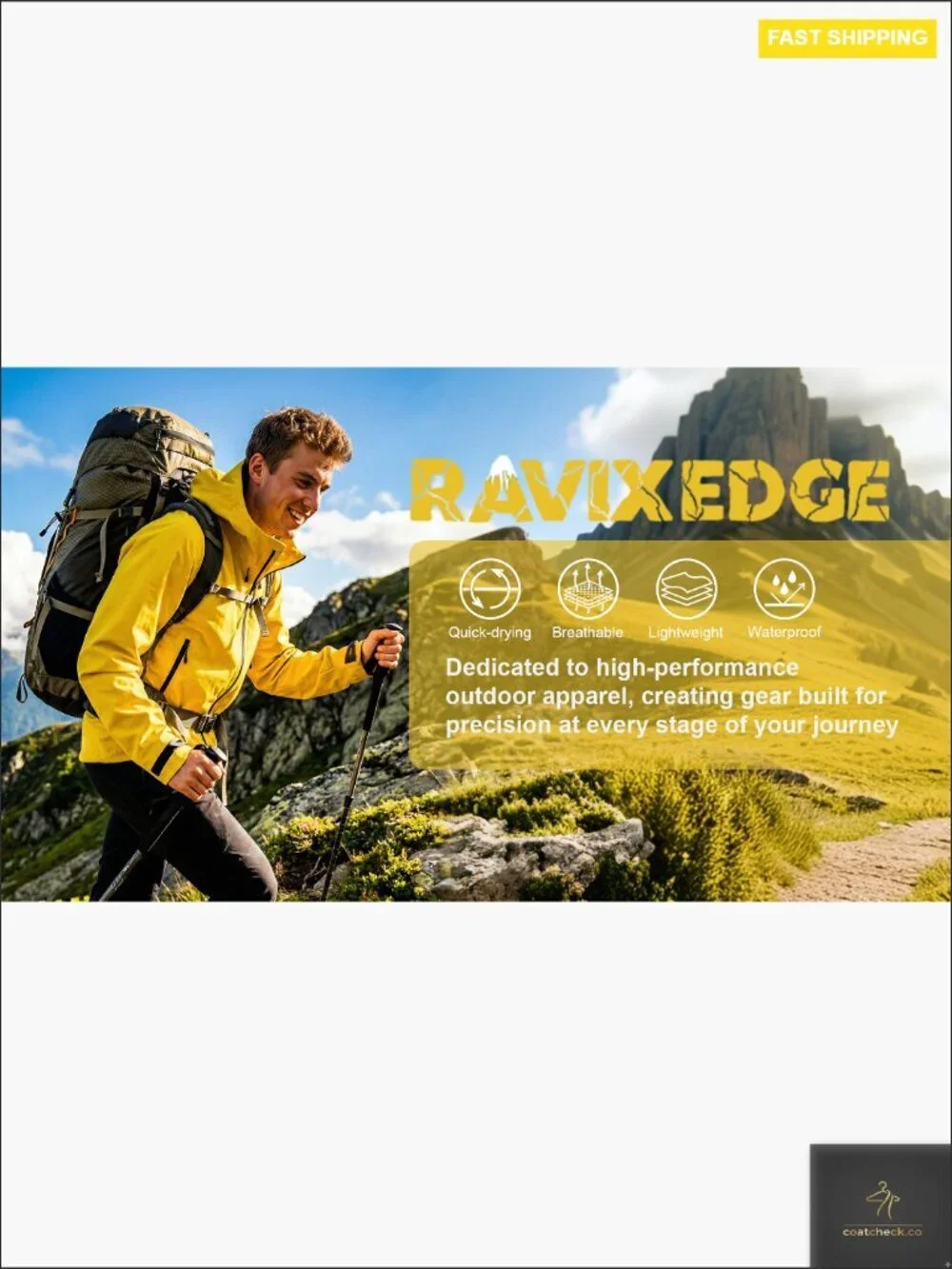 Men's Hardshell Rain Jacket Waterproof Breathable Hiking Windbreaker PFAS-Free